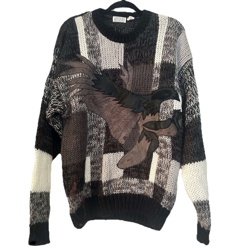 Vintage 1980s Luciano Divanni Thick Knit Eagle Bird Sweater Black Grey Brown L